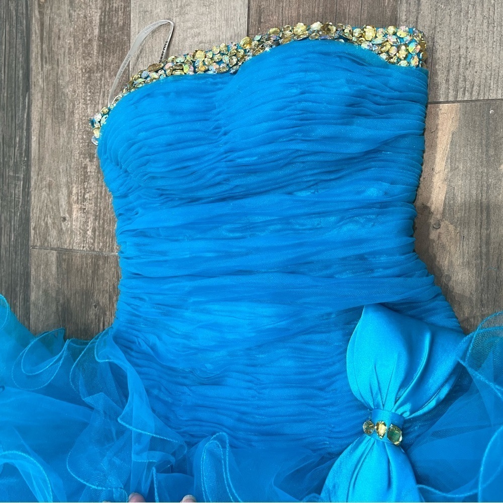 sherri hill 2326 Turquoise size 2 cocktail dress bow Rhinestone Flounce Ruffle - Picture 3 of 15